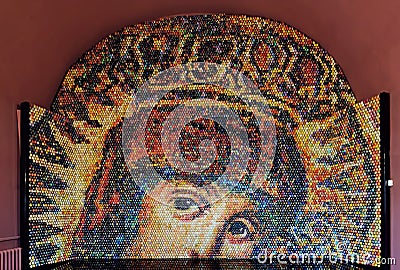 Icon of the Mother of God in St. Sophia Cathedral in Kyiv Ukraine. Made of Ukrainian Easter eggs, pysankas Editorial Stock Photo