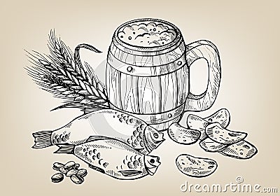 Icon with mug, beer, fish, chips, ears Vector Illustration