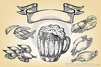 Icon with mug, beer, fish, lobster, chips and ribbon Vector Illustration