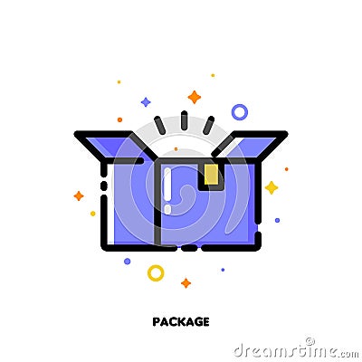 Icon of open carton package box which symbolizes delivered parcel for shopping and retail concept. Flat filled outline style Vector Illustration