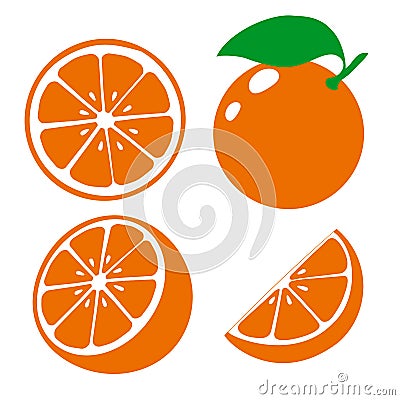 Icon orange fruits. Set fresh orange and slice. Isolated on white background. Vector Vector Illustration