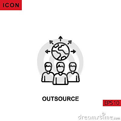 Icon outsource with work team and world arrows. Outline, line or linear vector icon symbol sign collection Vector Illustration