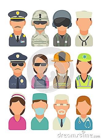 Icon people - soldier, officer, pilot, marine, sailor, police, bodyguard, fireman, paramedic. Vector Illustration