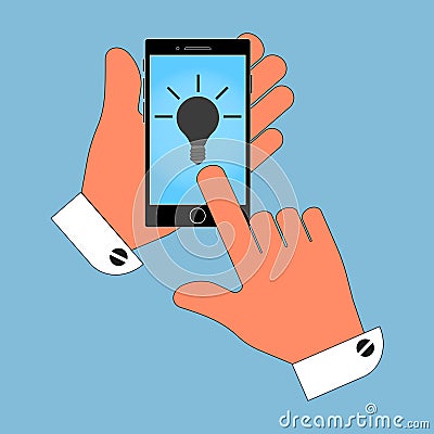 Icon phone in his hand on the light screen, isolate on blue background. Vector Illustration