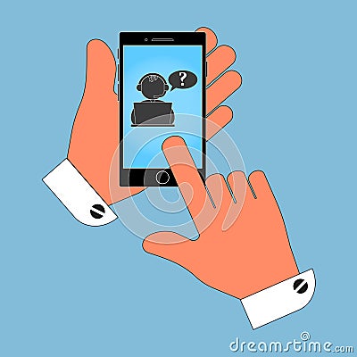 Icon phone in his hand on the operator screen, the source, isolation on a blue background. Vector Illustration