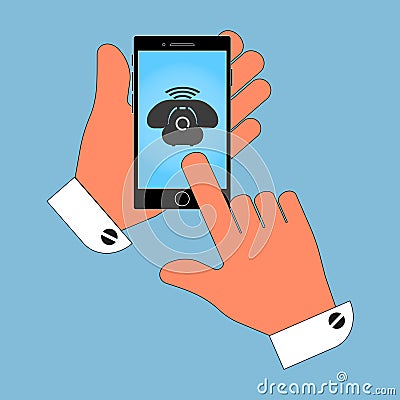 Icon phone in his hand on the phone screen, isolate on blue background. Vector Illustration