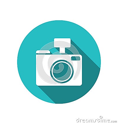 Icon photo camera white cuted on blue round backdrop Vector Illustration