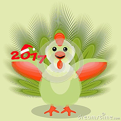 The icon picture a cockerel with feathers green, fluffy smart tail. two thousand seventeenth 2017 on light fone.simvol Vector Illustration