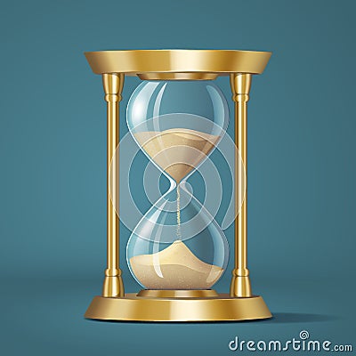 Icon realistic golden bright hourglass, watch with sand, isolated Vector Illustration