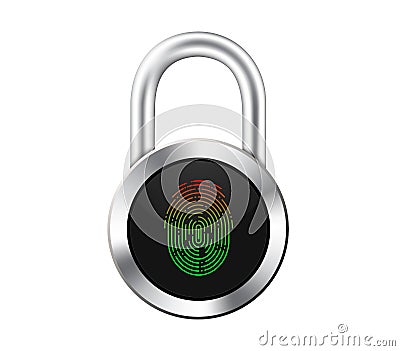 Icon of a realistic hinged chrome lock with a black dial Vector Illustration