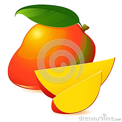 Icon of Ripe exotic mango with two slices Stock Photo