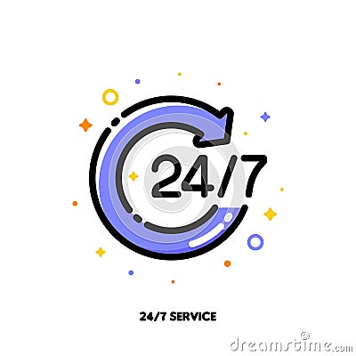 Icon of round arrow with 24/7 numbers which symbolizes 24 hours 7 days week open customer service or delivery for help and support Vector Illustration