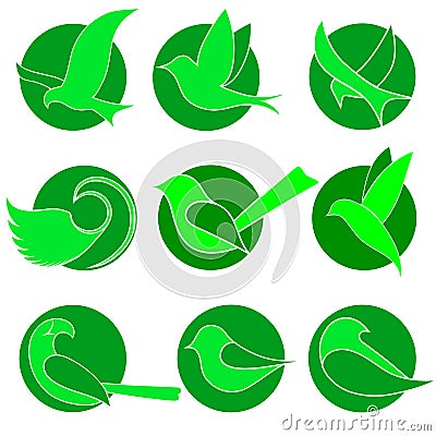 Icon set - abstract birds on green circles, for environmental companies Vector Illustration