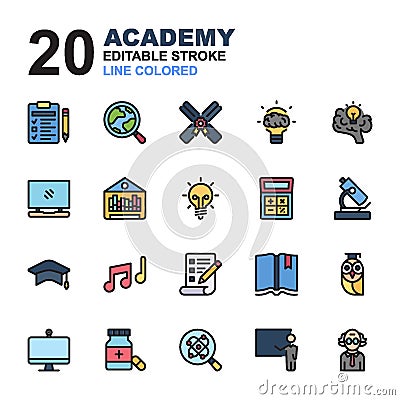 Icon Set of Academy. Line Color icons vector. You can use for web, app and more. Editable stroke and pixel perfect Vector Illustration