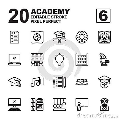 Icon Set of Academy. Outline style icon vector. Editable Stroke and Pixel perfect Vector Illustration