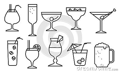 Icon set with alcohol cocktails. Thin simple line style collection with drinks Vector Illustration