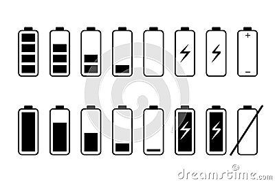 Icon set of battery charge level. Discharged and fully charged battery symbol Vector Illustration