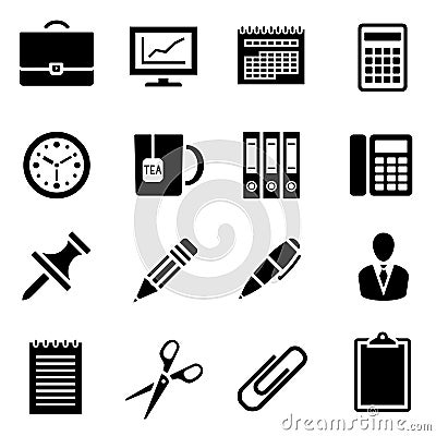 Icon set of black simple silhouette of office supplies in flat design Vector Illustration