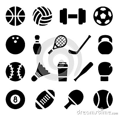 Icon set of black simple silhouette of sports equipment in flat design Vector Illustration