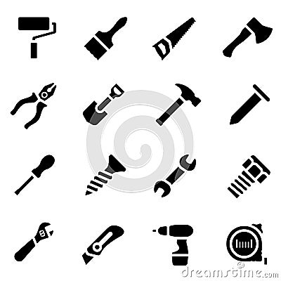 Icon set of black simple silhouette of work tools in flat design Vector Illustration