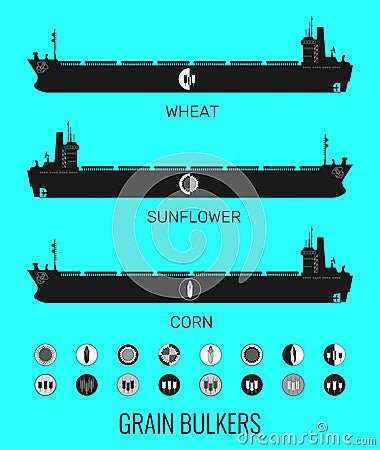 Icon set of bulk carriers for transportation of bulk cereals and icons of grain, corn, sunflower. Constructor for designer. Stock Photo