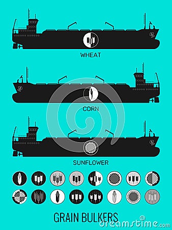 Icon set of bulk carriers for transportation of bulk cereals and icons of grain, corn, sunflower. Constructor for designer. Stock Photo