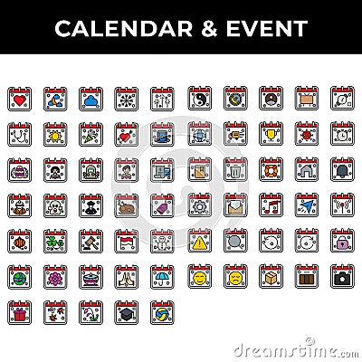 Icon set calendar and event include love, islam, cloud, snow, firework, stethoscope, sun, new year, valentine, presidents, easter Vector Illustration