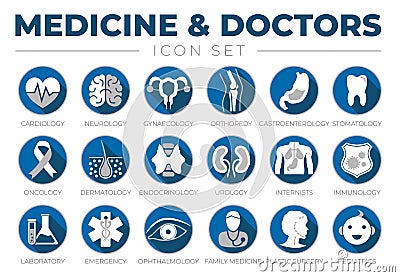 Icon Set of Cardiology, Neurology, Gynecology, Orthopedy, Gastroenterology, Stomatology,Oncology, Dermatology, Urology, Internists Vector Illustration