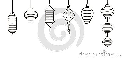 Icon set of Chinese paper street lanterns of different types and sizes outlined in flat style. Bundle of traditional Vector Illustration