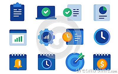 icon set collection of productivity gear notification calendar project management alert bell clock task list target in Vector Illustration