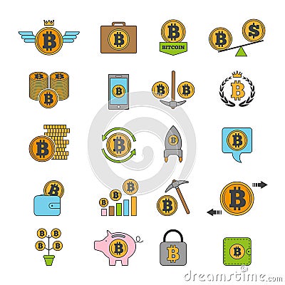 Icon set of crypto business. Bitcoin and others alt coins from blockchain technology Vector Illustration