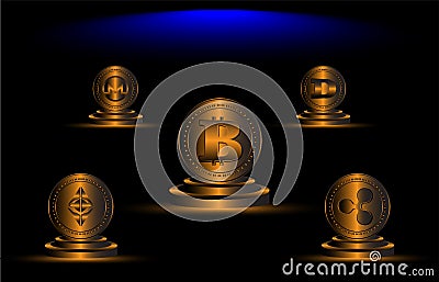 Cryptocurrency golden coins with bitcoin,dogecoin and ethereum symbol on black background. vector at eps10 Vector Illustration