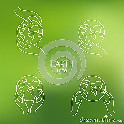 Icon Set of earth globe and hands on blurred background. Vector Vector Illustration