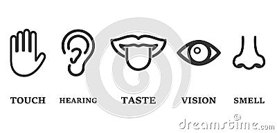 Icon set of five human senses: vision (eye), smell (nose), hearing (ear), touch (hand), taste (mouth with tongue). Simple line ico Cartoon Illustration