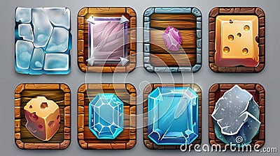 An icon set of game app icons, square buttons and cartoon menus with textured blocks. Graphic design elements include Stock Photo