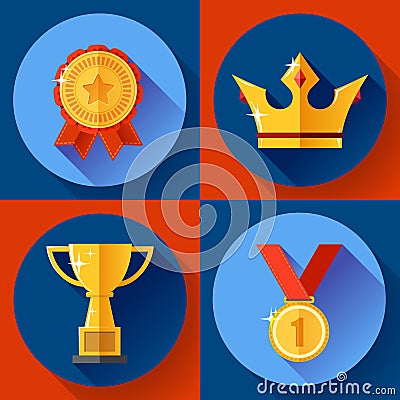 Icon set Golden victory symbols champion cup, crown, medal, badge. Flat design. Stock Photo