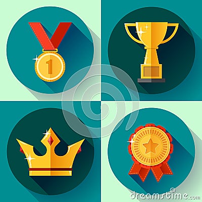 Icon set Golden victory symbols champion cup, crown, medal, badge. Flat design. Vector Illustration