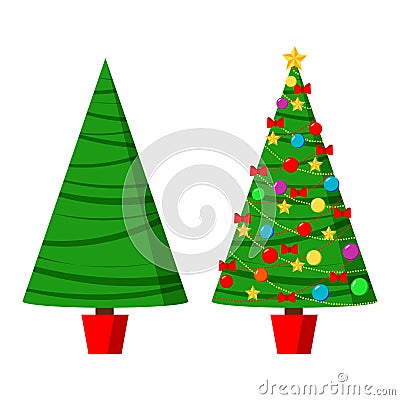 Icon set with green spruse and decorated christmas tree in a pot with star, decoration balls and bows Vector Illustration