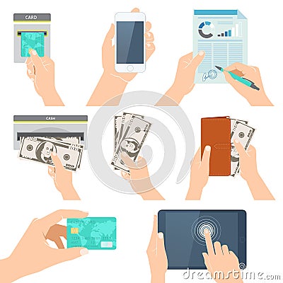 Icon set with Hands holding credit card, smartphone, money and o Stock Photo