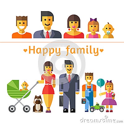 Icon set happy family. Parents and children Vector Illustration