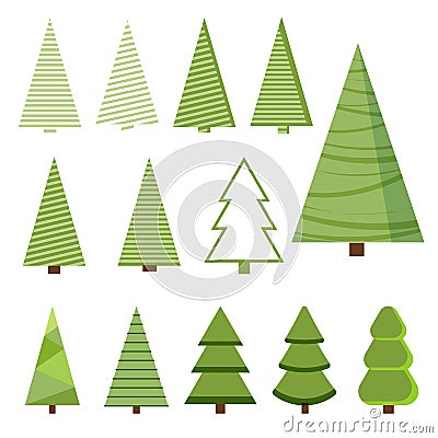 Icon set of isolated spruces on a white background in cartoon flat style Vector Illustration