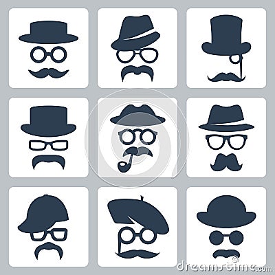 Icons of mustaches, hats and glasses Vector Illustration