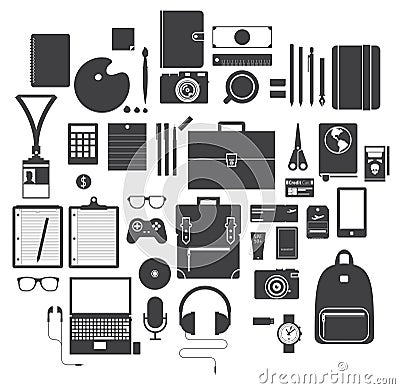 Icon Set of Office Equipment, Travel Gadget and Hobby in Flat Design, Vector Vector Illustration