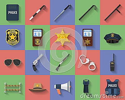 Icon set of police regimentals, uniform, weapons Vector Illustration