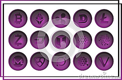 Set of cripto currency logo cirles: dogecoin, Siacoin, Nem, IOTA, BitConnect, Gnosis, Bytecoin, Dash, Litecoin, Augur, Monero, Nem Vector Illustration