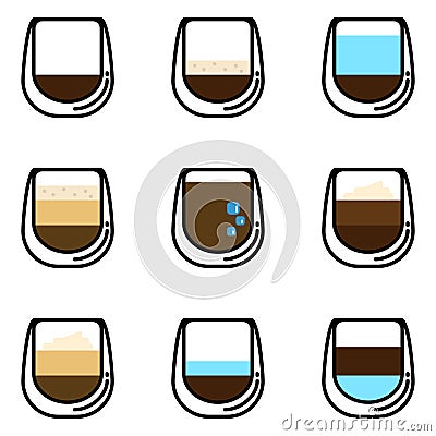 Icon set of resh coffee menu, espresso shot, latte,mocha,lungo,americano,cappuccino with whip cream Vector Illustration