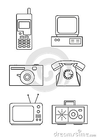 Icon set of retro electronics devices in contour Vector Illustration