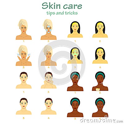 Icon set for skincare infographic. Young women showing four steps face care. Different skin tones. Vector Illustration