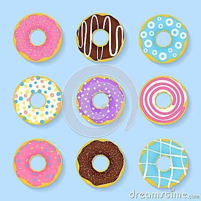 Icon set of sweet, tasty donuts in glaze. Vector Illustration