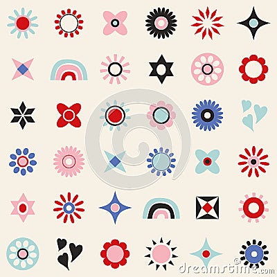 Icon set of symbols, floral, sunshine, hearts, rainbows and stars. Fun flat modern vector stylised illustrations. Design Vector Illustration